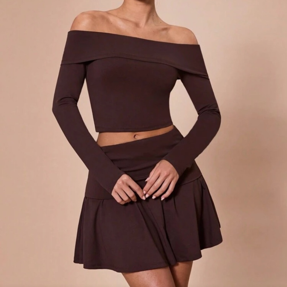 Sophisticated Chocolate Off-Shoulder Skirt Set
